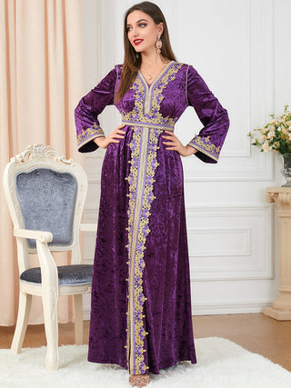 3272#Winter Gold Velvet Embroidery Maxi Long Dress Muslim Islamic Clothing