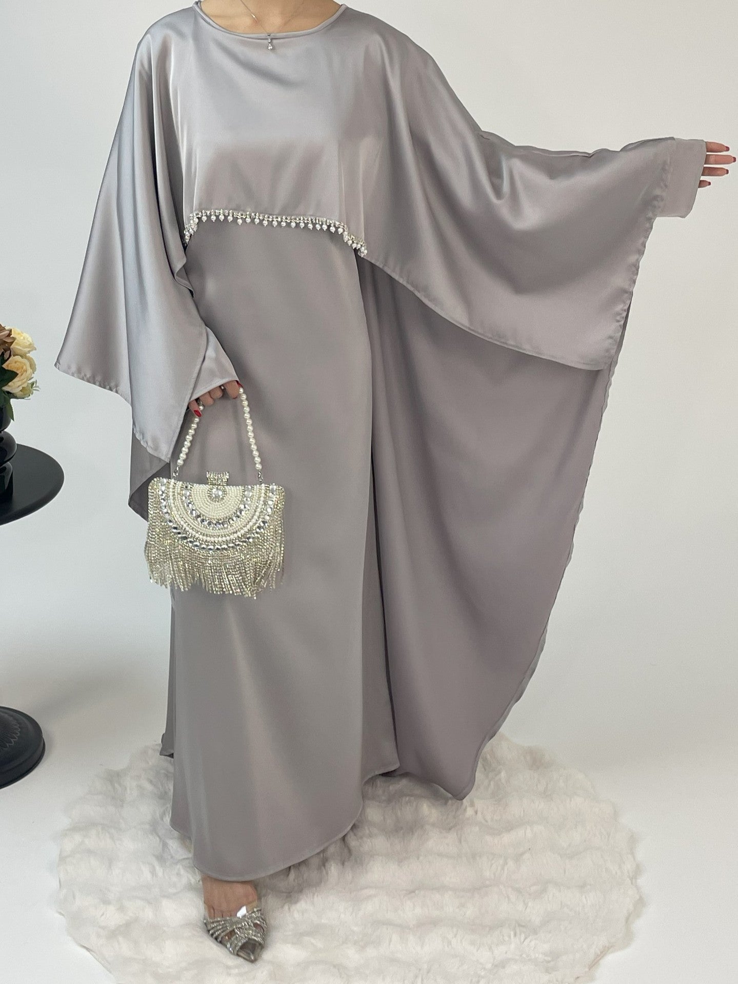 1020#2pcs Abaya Women Muslim Dress Set  Ramadan Islamic Clothing Kaftan with pearls