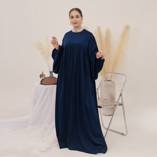1592#High Quality Muslim Dress Puff Sleeve Soft Satin Plain Abaya