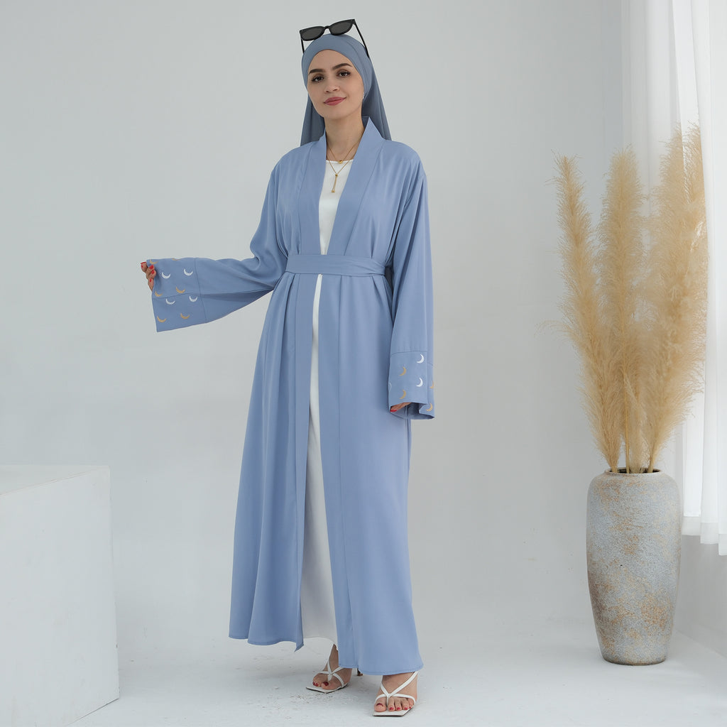 1785#New Arrival Cardigan Muslim Women's Dresses Moon Embroidery EID Linen Abaya