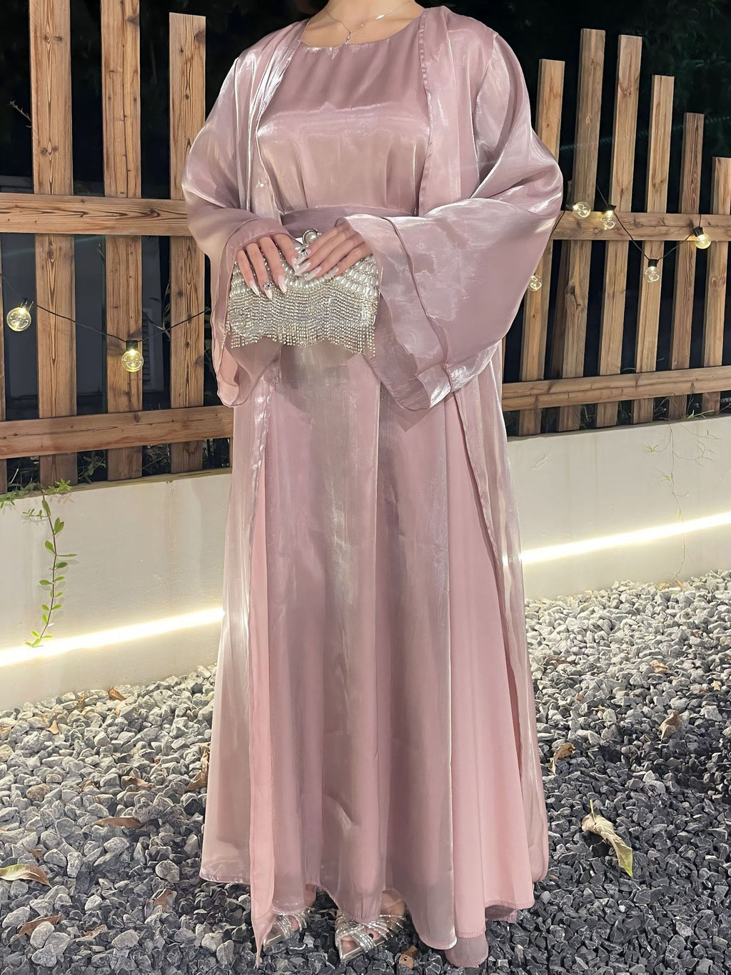 1023#2pcs Shiny Abaya Women Muslim Dress Set  Ramadan Islamic Clothing Kaftan