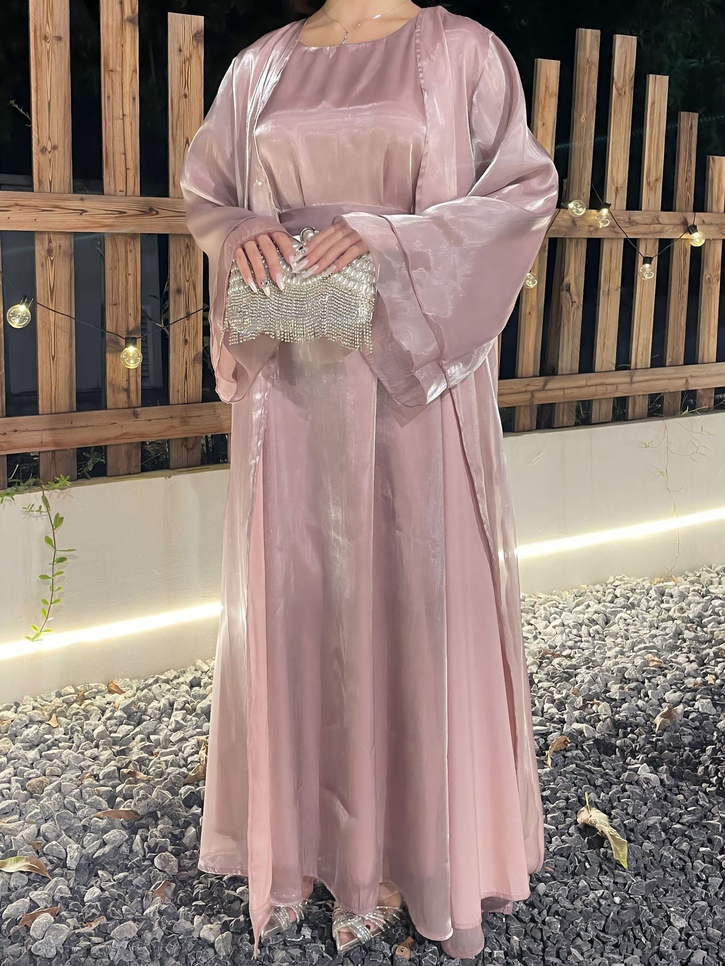 1023#2pcs Shiny Abaya Women Muslim Dress Set  Ramadan Islamic Clothing Kaftan