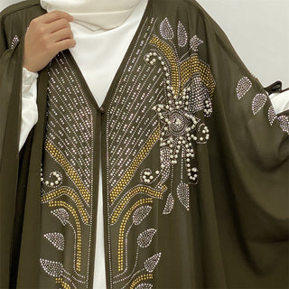 6743#Luxury New Rhinestone Chiffon Abaya Bead With Pearls Batwing Sleeves Classy Cardigan 的副本