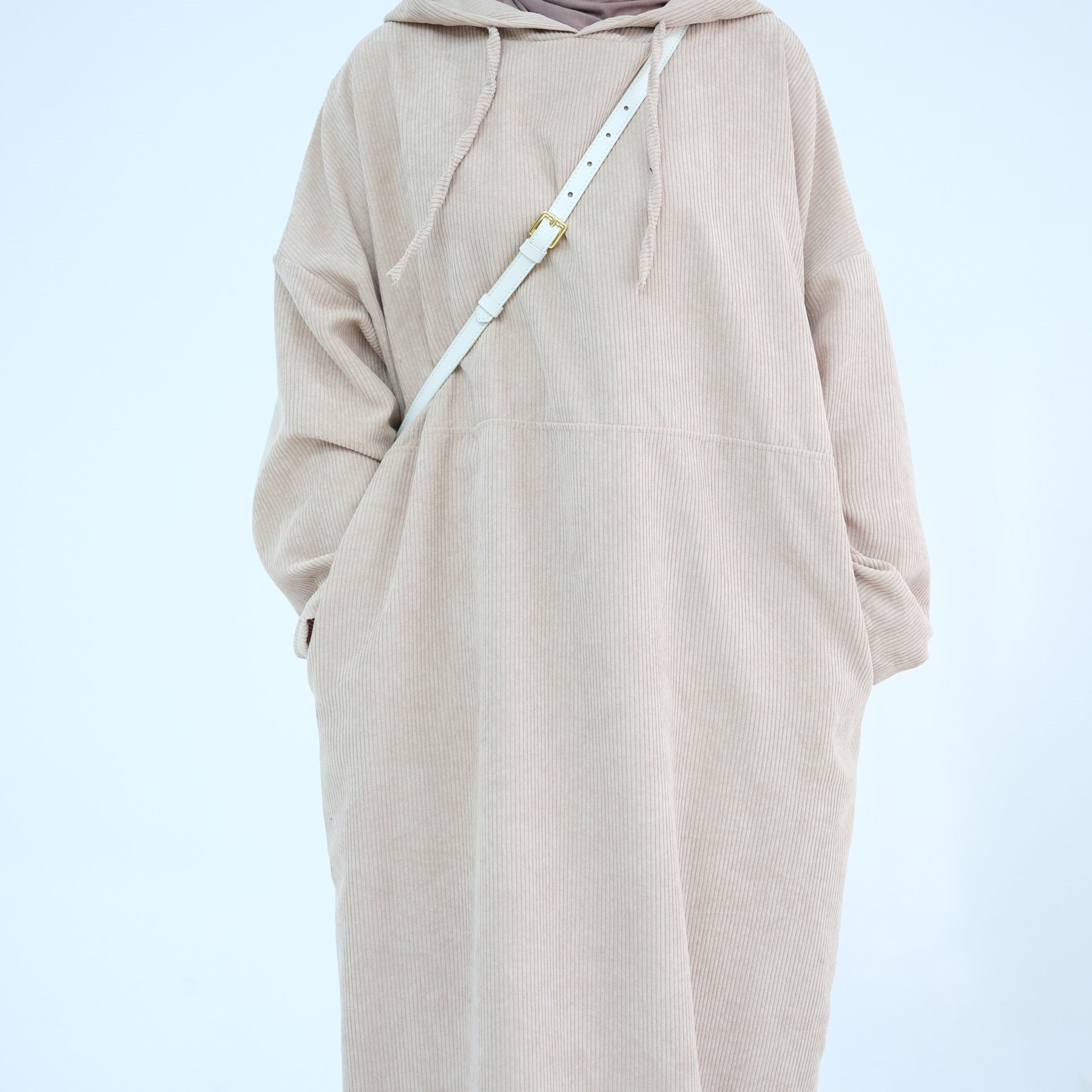 1890#Casual Cordury Hoodie Abaya Loose  Muslim Women Dress with Pockets Daily Wear Winter Abaya