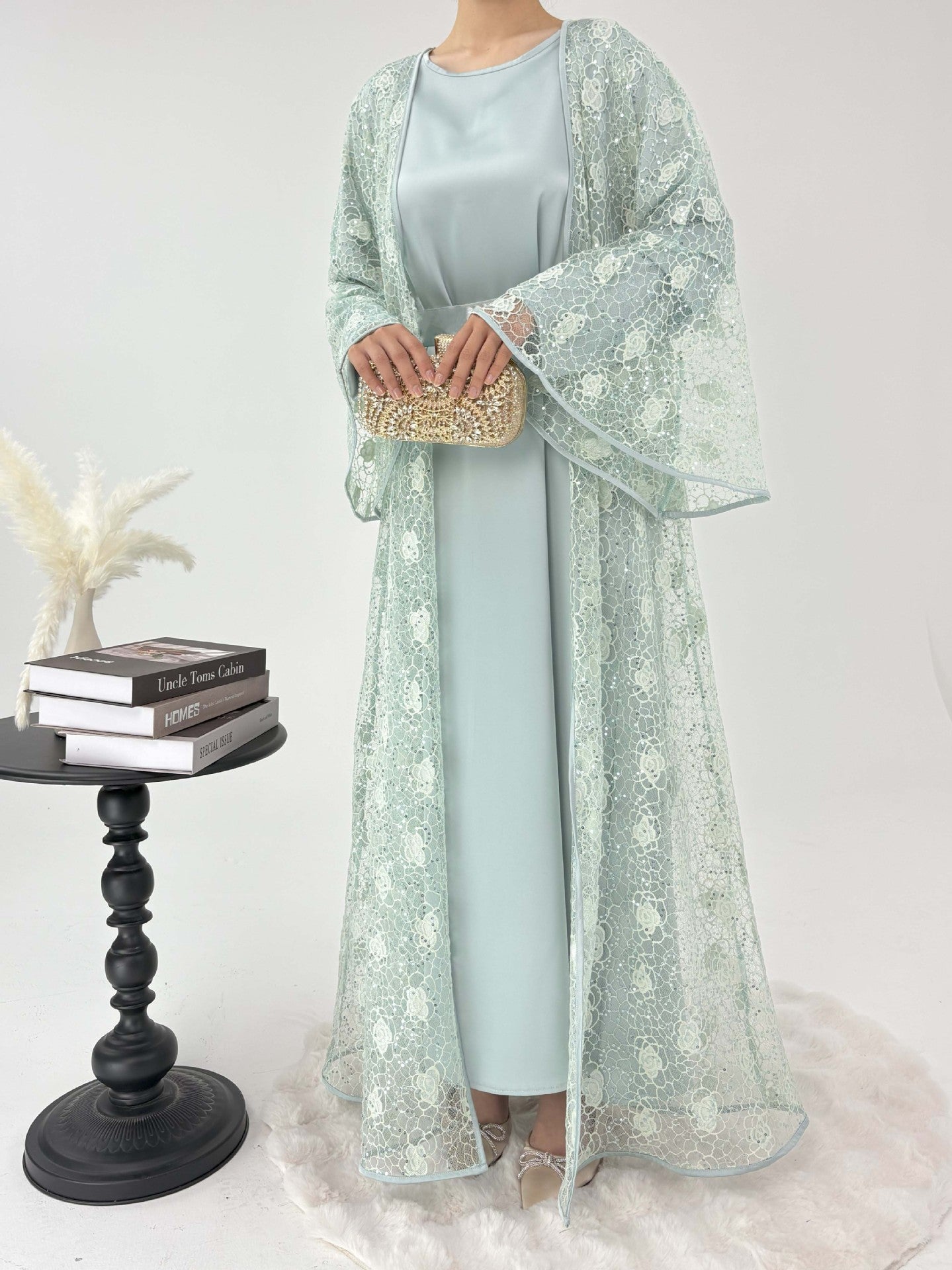 1031#2pcs Lace Abaya Women Muslim Dress Set  Islamic Clothing Kaftan