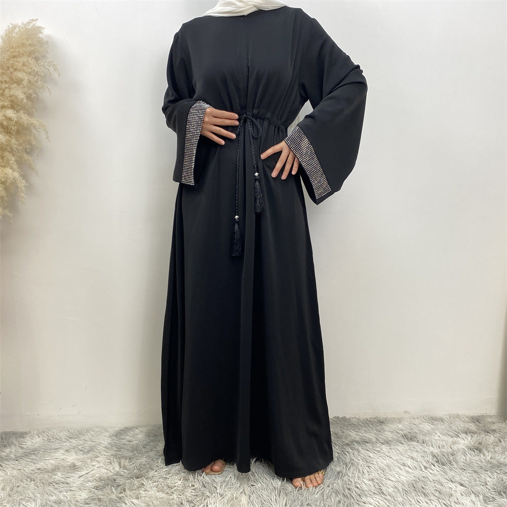 6758# Front zipper closed abaya dress loose cuff with rhinestone maxi dresses