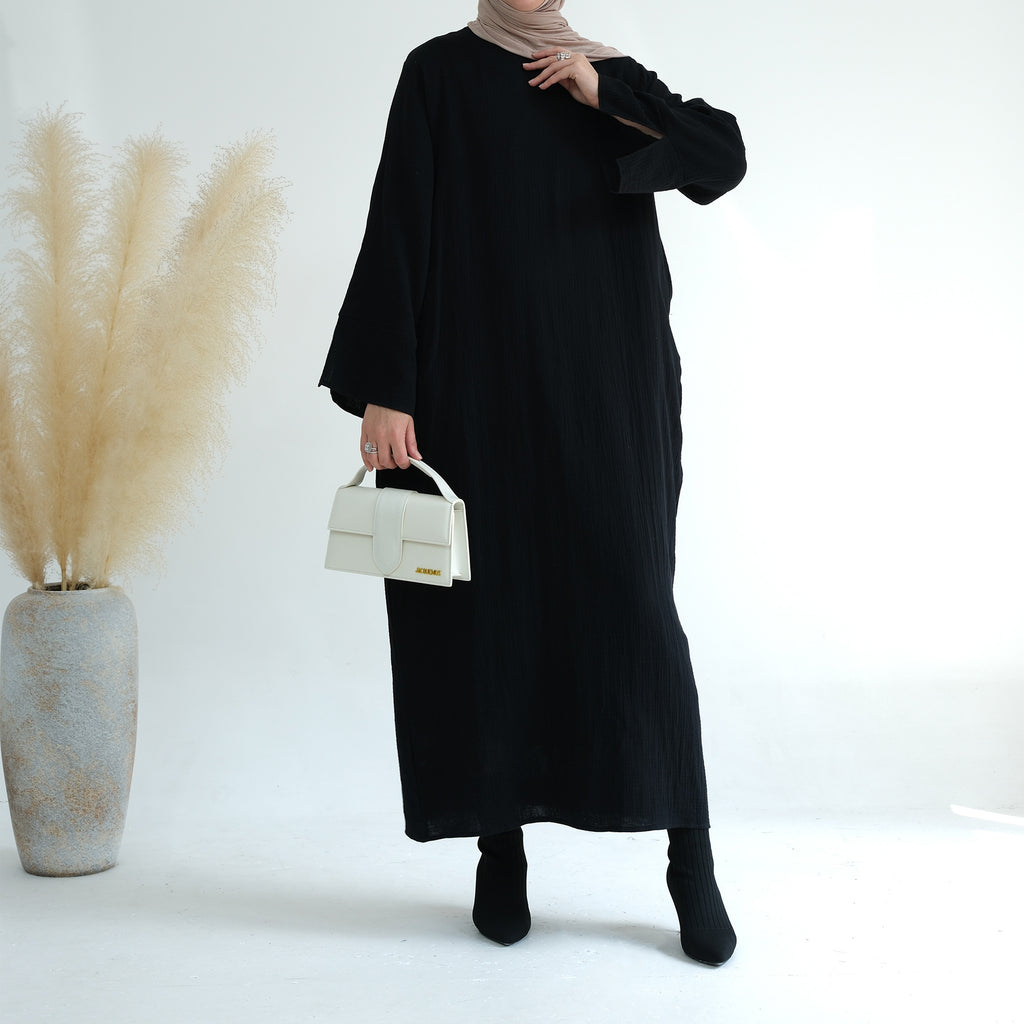1656#Plain Dress Long Sleeves Women's Cotton Dress with Pockets New Design Abaya