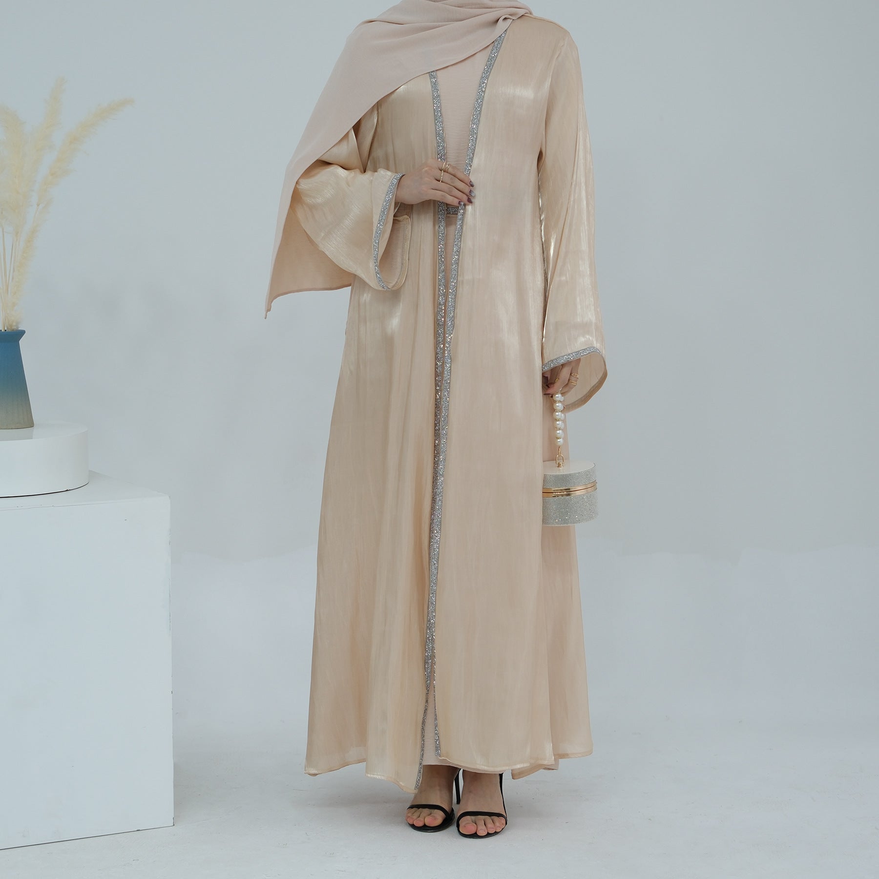 1699#2024 New Abaya Set Shinny Polyester Glitter Dubai Abaya Modest Kimono