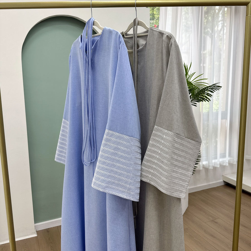 Daily Wear Linen Modest Dresses V Neck Embroidery Sleeves Abaya Women Muslim Dress