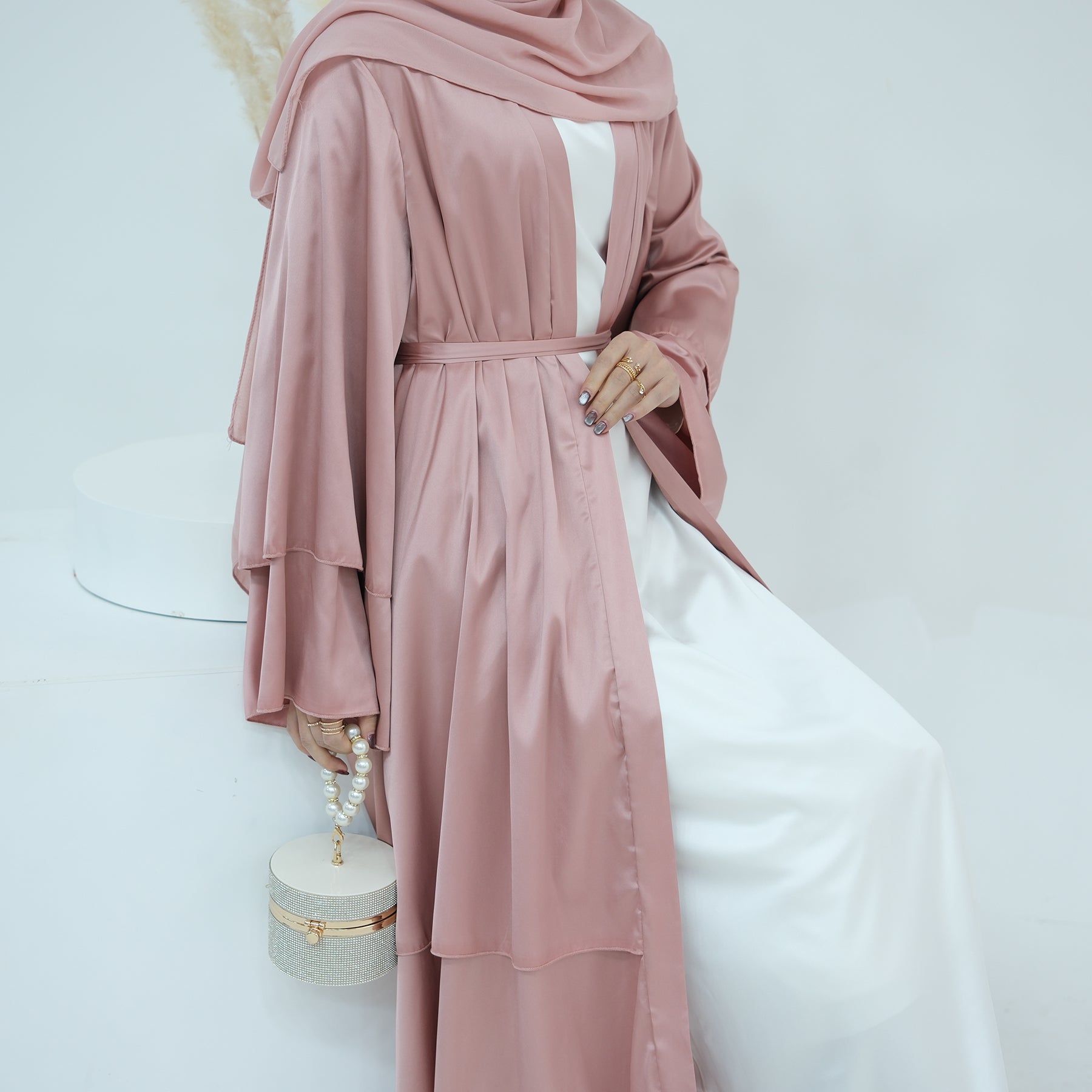 1706#2024 High Quality Satin Silk Open Abaya EID Dubai 3 Layers Abaya Islamic Clothing