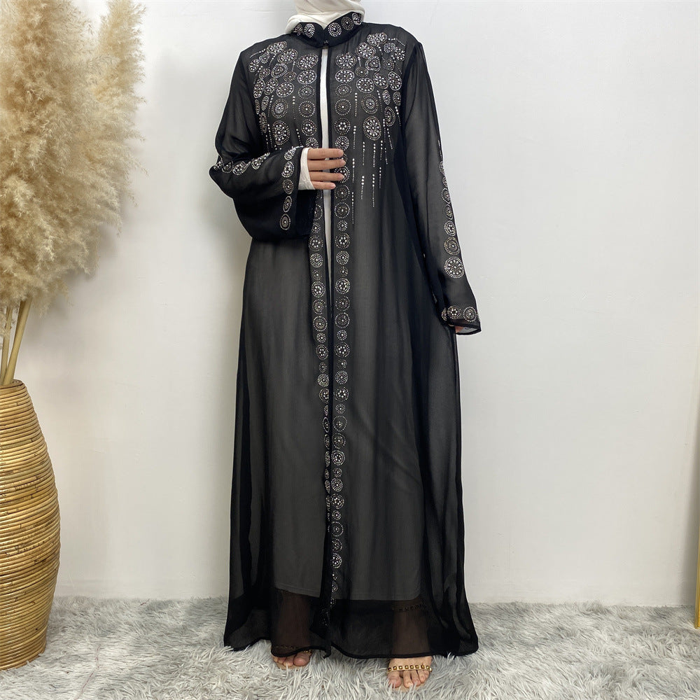 6740# Luxury chiffon africa diamond abaya long robe kaftan muslim women rhinestone open abaya