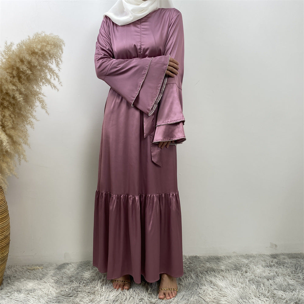 6789# New Front Zipper Two Layers With Sparkle Diamond Sleeves With Pockets Muslim Women Dress
