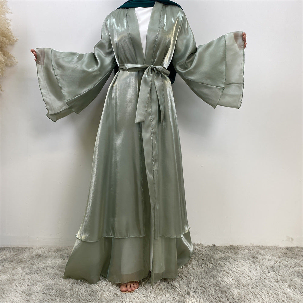 1432#Flowy Shiny Silk Material New Design Two Layers Loose Sleeves Classy Fashion Popular Ladies Islamic Open Abaya