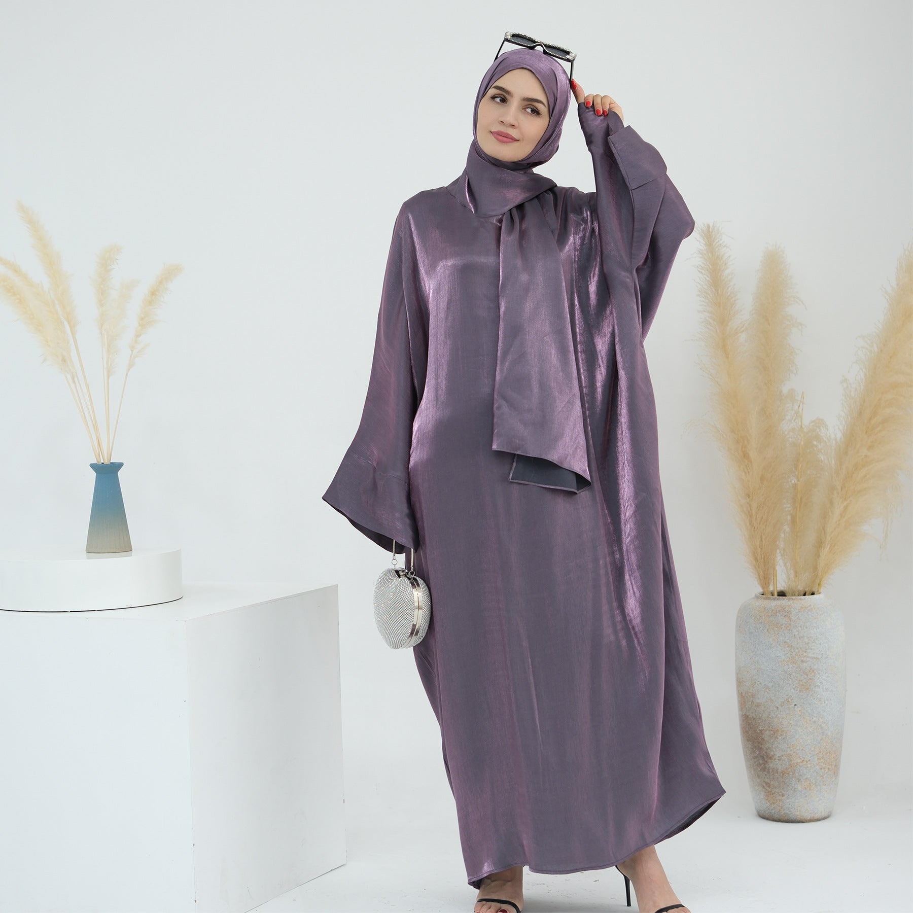 1789# 2024 New Shinny Polyester One Piece Hoodie Abaya Dubai Modest Dress with Attached Hijab