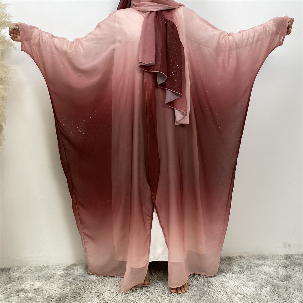 67501#2024 Kimono Abaya Dubai Gradient Color Islamic Clothing Women Muslim Dress with Hijab
