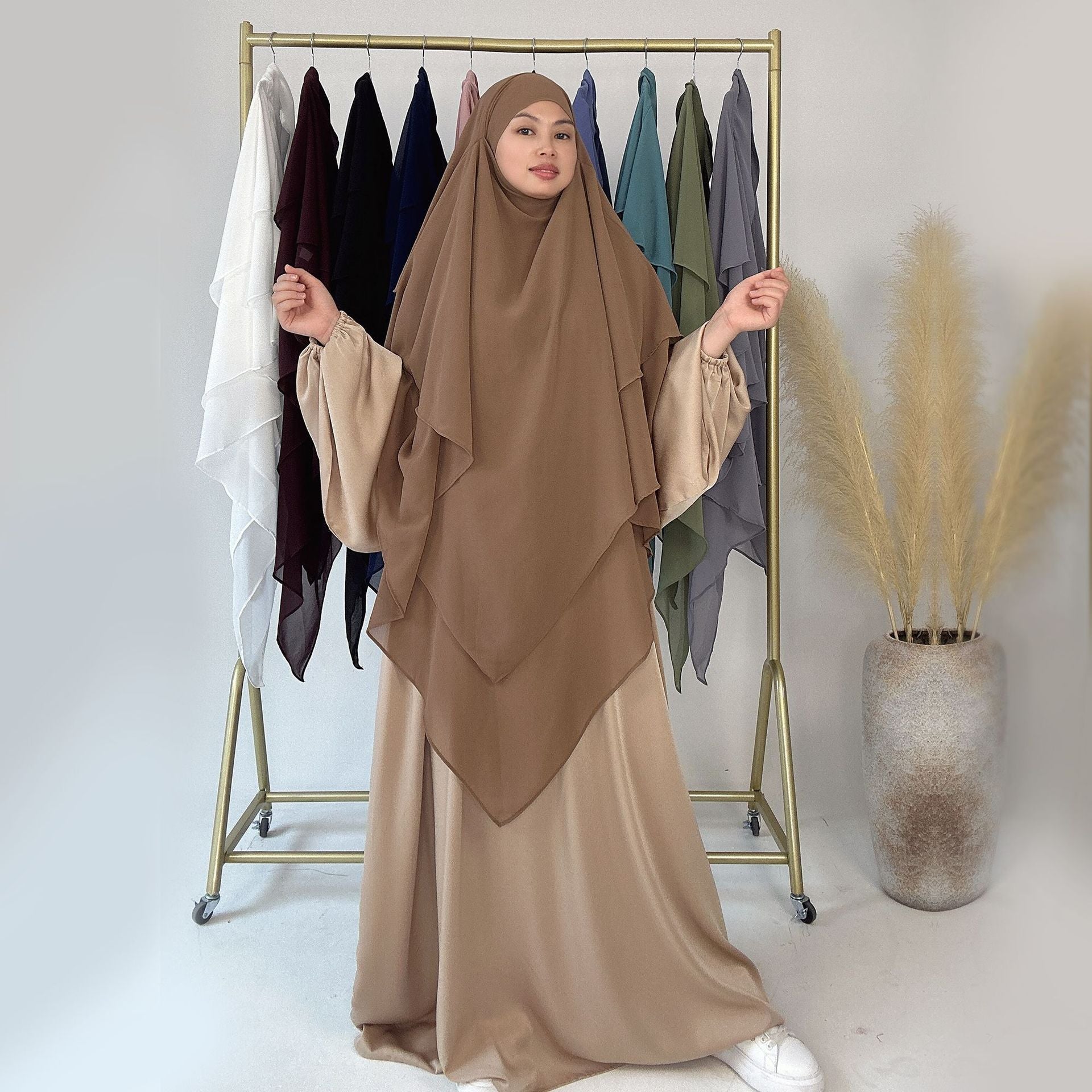 1909#Three Layered Flowy Women Muslim Long Hijab Top Jilbab_ Chiffon Khimar