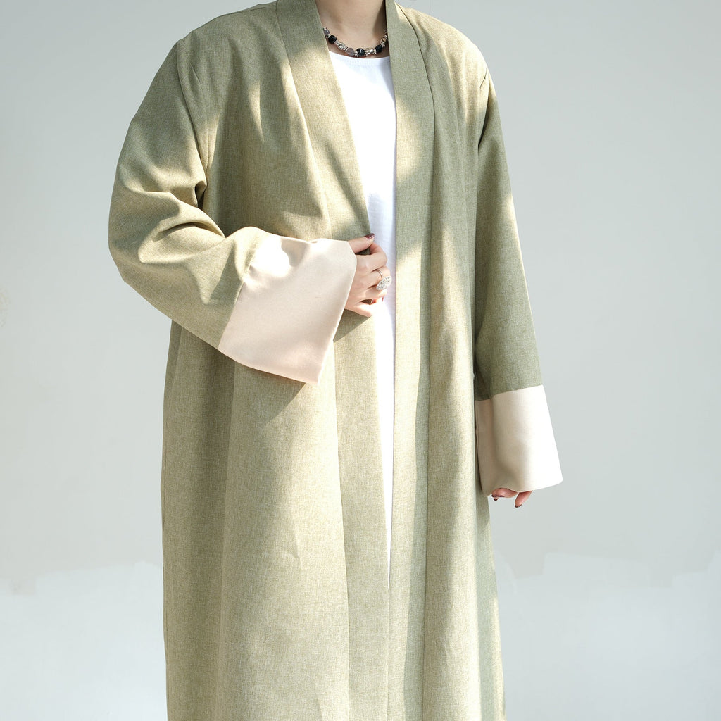 1744#2024 Latest Islamic Clothing Color-blocked Sleeves Linen Cardigan Open Abaya