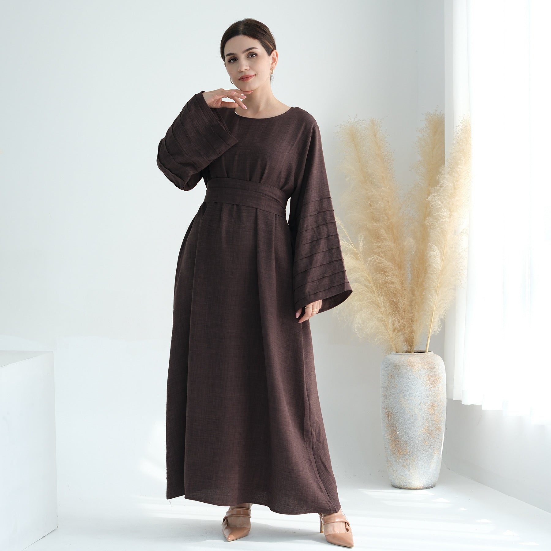 1725#Modest Abaya Simple Linen Closed Abaya Women Muslim Dress Islamic Clothing