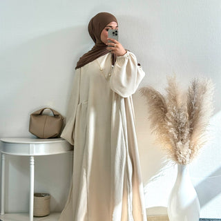 1919#New Winter Abaya Round Neck Balloon Sleeves Solid Color Cordury Closed Abaya Women Dresses