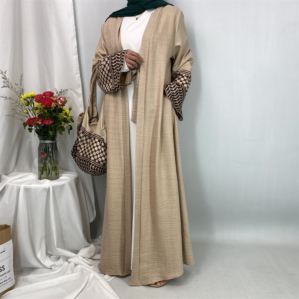 1452#Hot Seller Palestine-Inspired Printed Soft Linen Keffiyeh Open Abaya Wholesale With Crossbody Bag