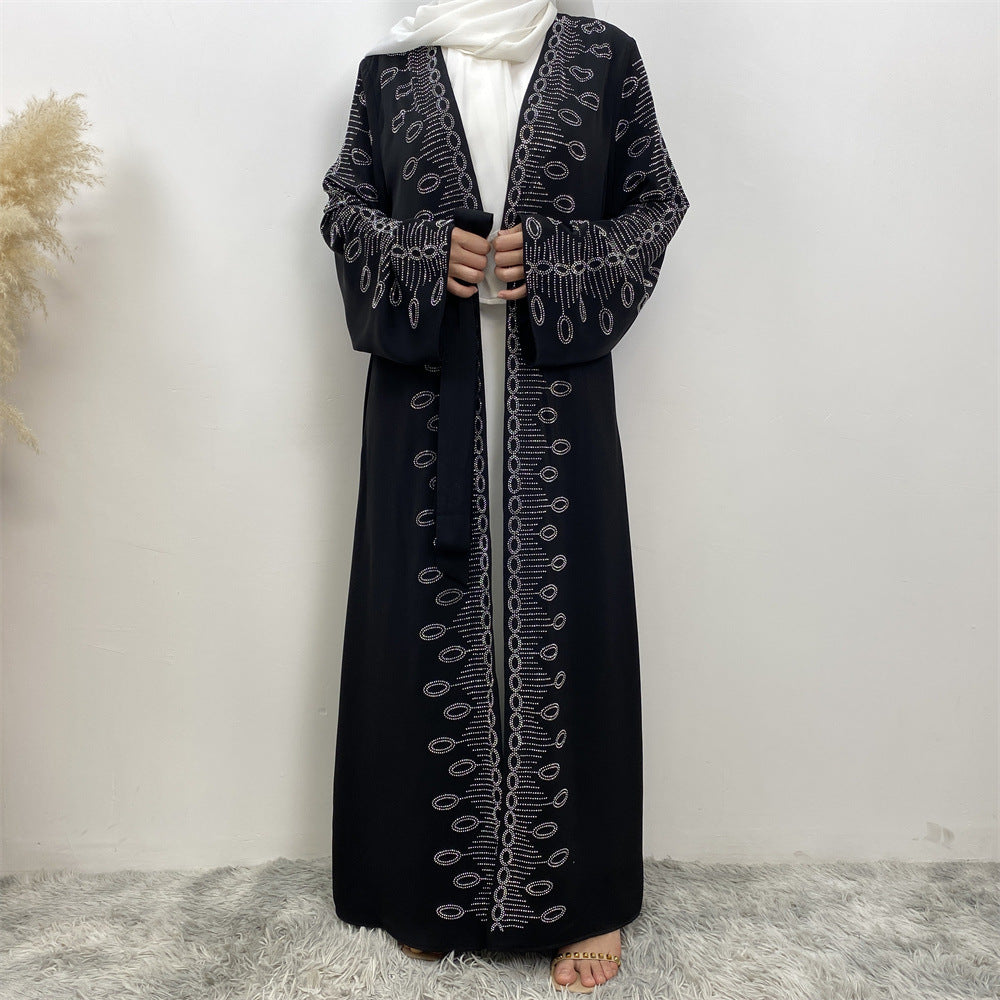 1424#Modest Coats for Muslim Women Nida Open Abaya With Sequins Black Long Coat With Side Pockets