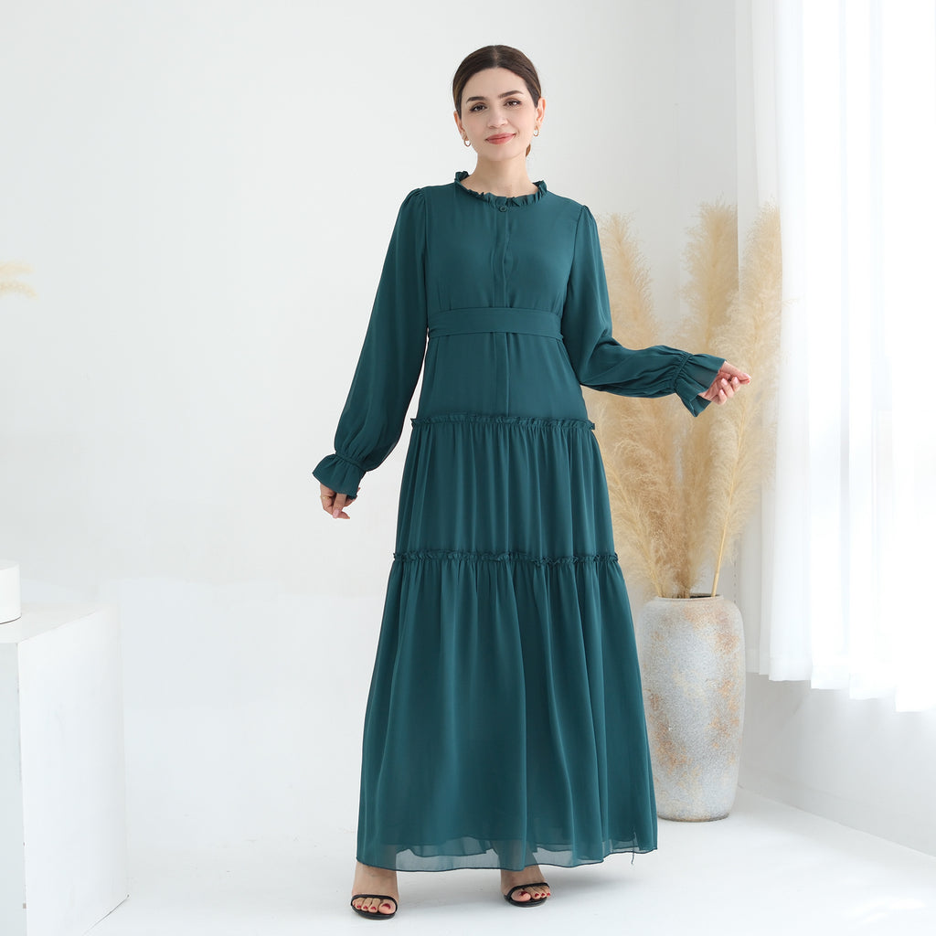 1754#2024 Solid Color Layered Chiffon Elegant Dress with Front Buttons and Lining