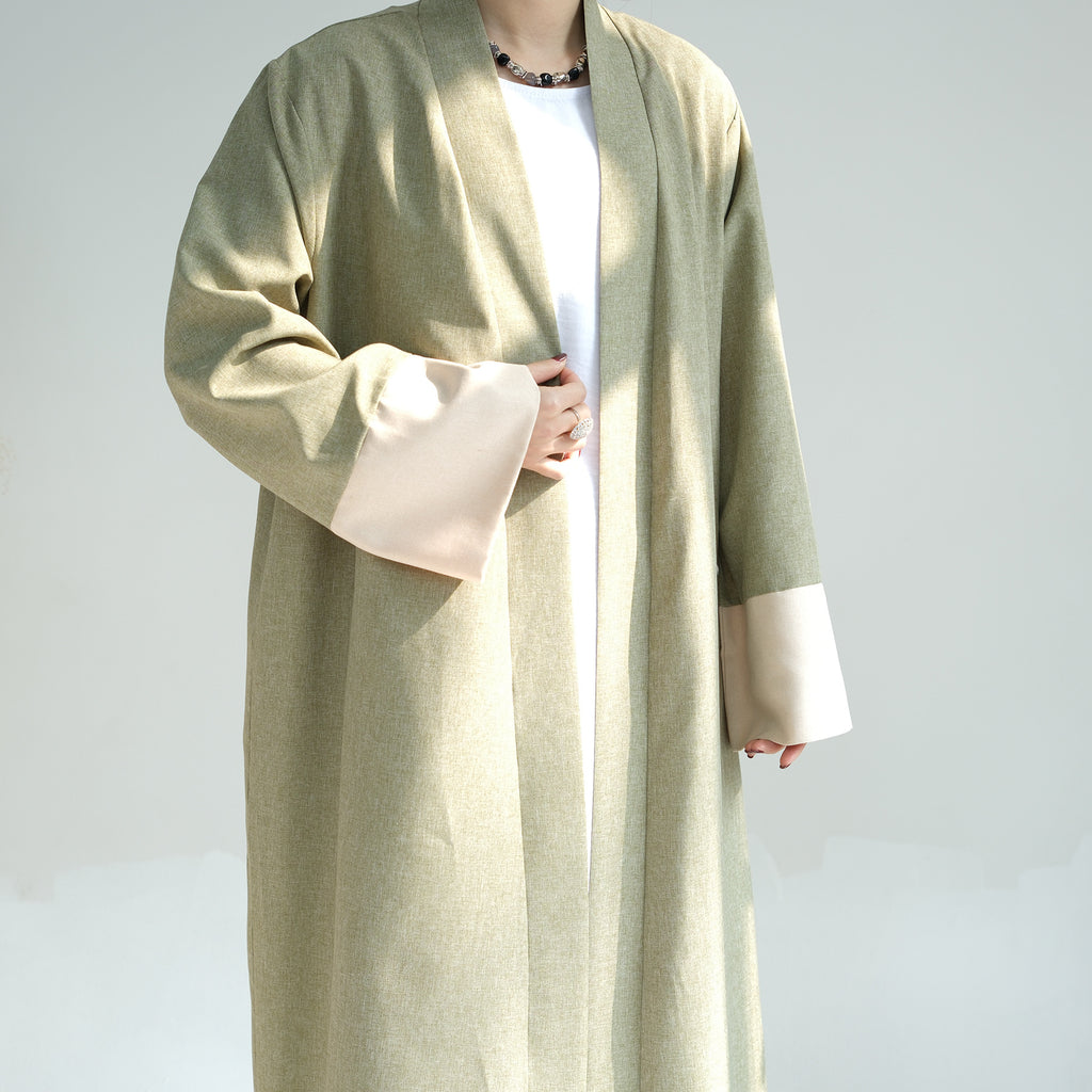 1744#2024 Latest Islamic Clothing Color-blocked Sleeves Linen Cardigan Open Abaya