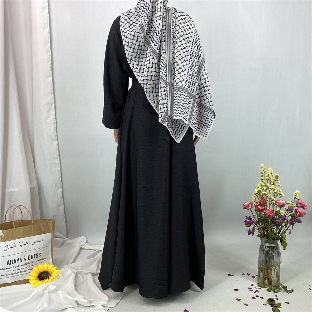 6840#New Linen Summer Abaya Dress Islamic Clothing for Dubai Turkish Muslim Women with Long Sleeve and Side Pockets