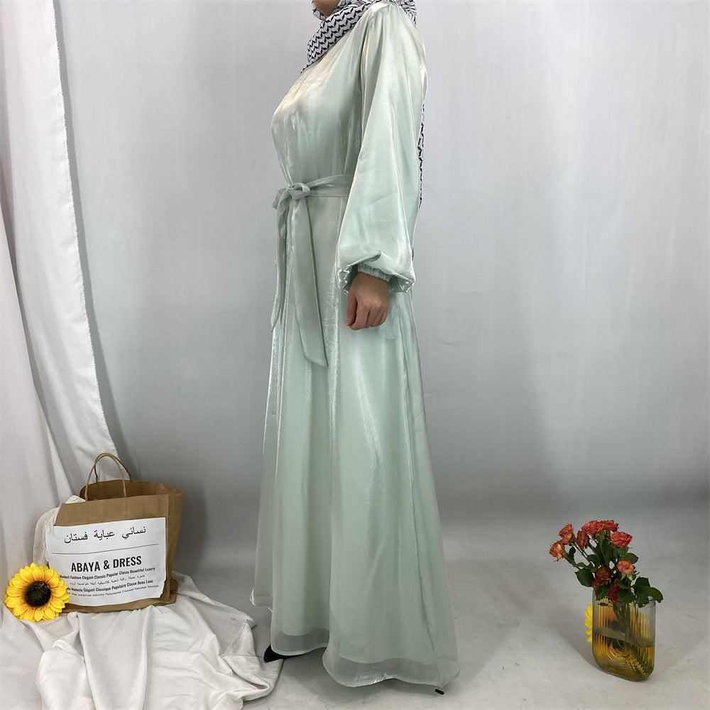 6855#  Flowy Lightweight Shiny Satin Muslim Loose Open Abaya Robe for Women