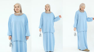 1928#Knit Fabric Solid Color Women's Dress Islamic Clothing Sweater Skirt Set 2pcs Winter Set Abaya