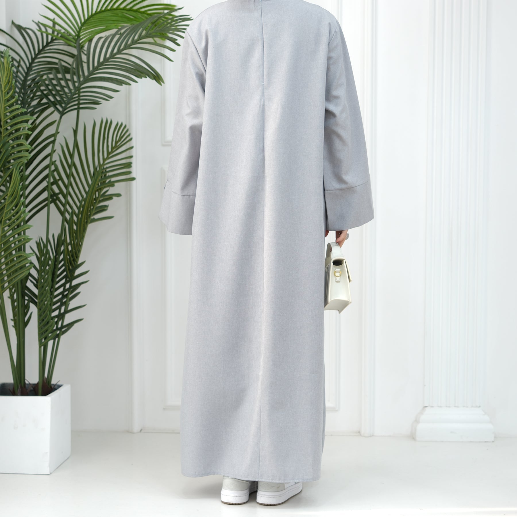 1715#Linen Abaya Slit Long Sleeves with Side Pockets and Back Zipper Women Casual Dress 的副本