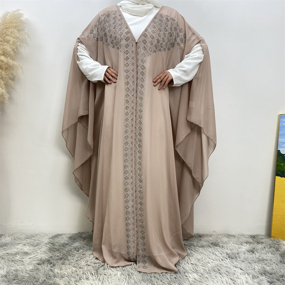 6739# Luxury Rhinestone Chiffon Abaya Hot Drilling Bead With Pearls Classy Cardigan
