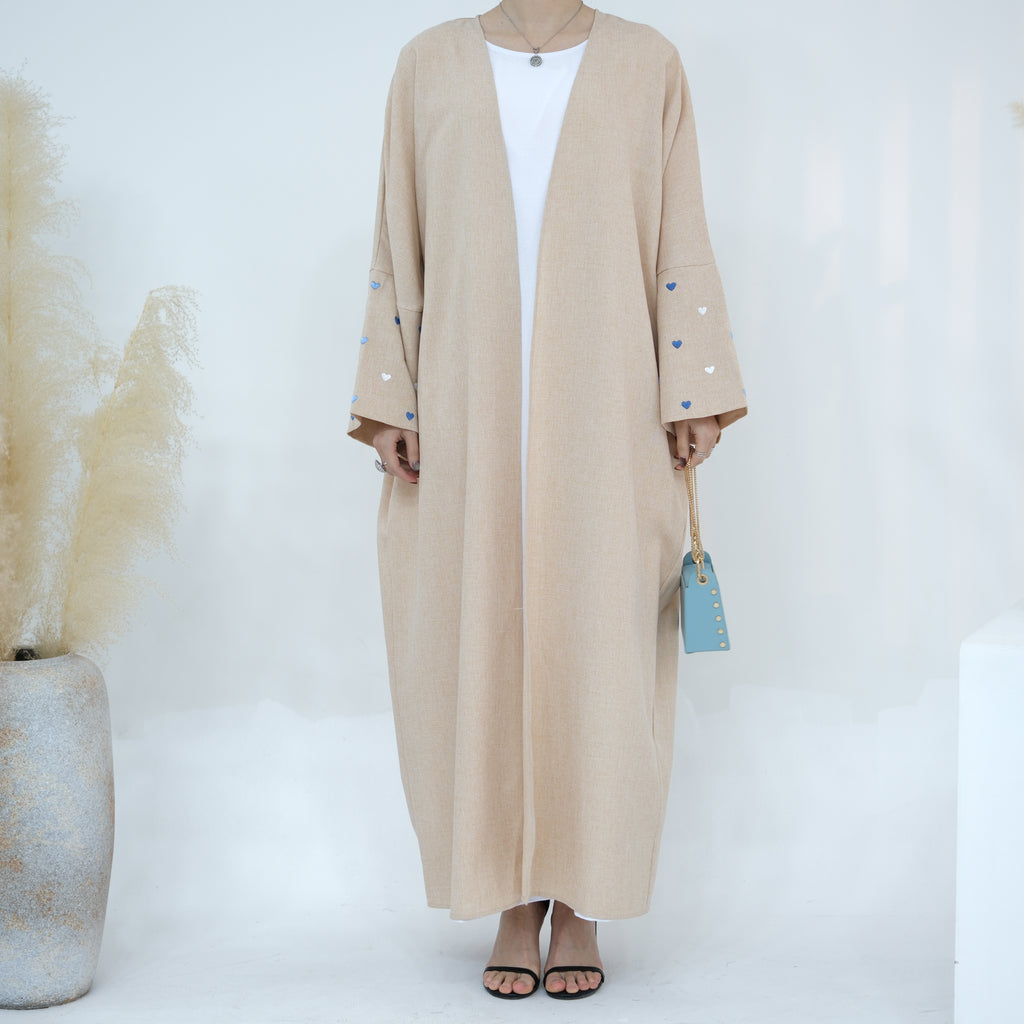 1712# Linen Abaya Islamic Clothing Women Kimono Cardigan EID Ramadan Embroidery Hearts Abaya