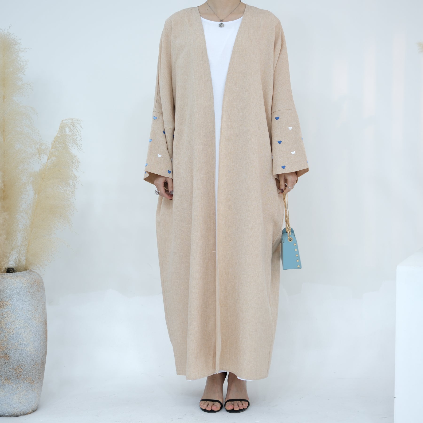 1712# Linen Abaya Islamic Clothing Women Kimono Cardigan EID Ramadan Embroidery Hearts Abaya