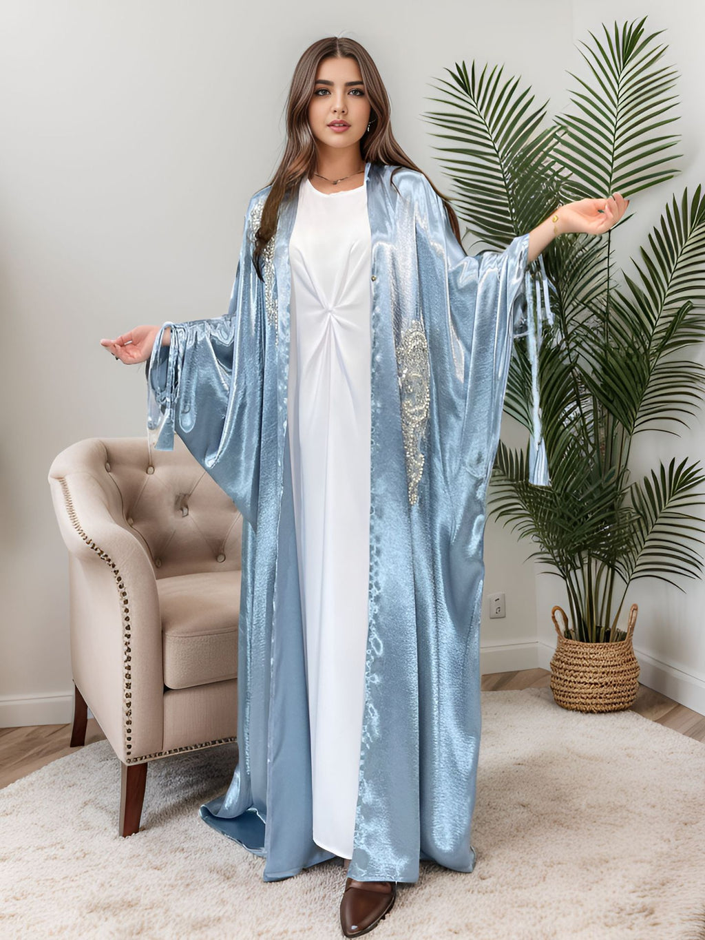 1009#  New Arrival Stylish Islamic Clothing Dubai Abaya Fashion Cardigan Women Abaya Satin
