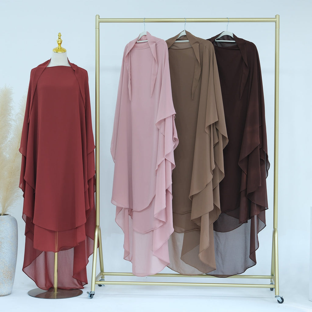 1916#2024 New Overhead Prayer Scarf Muslim Women Hijab 2 Layers Long Chiffon Khimar