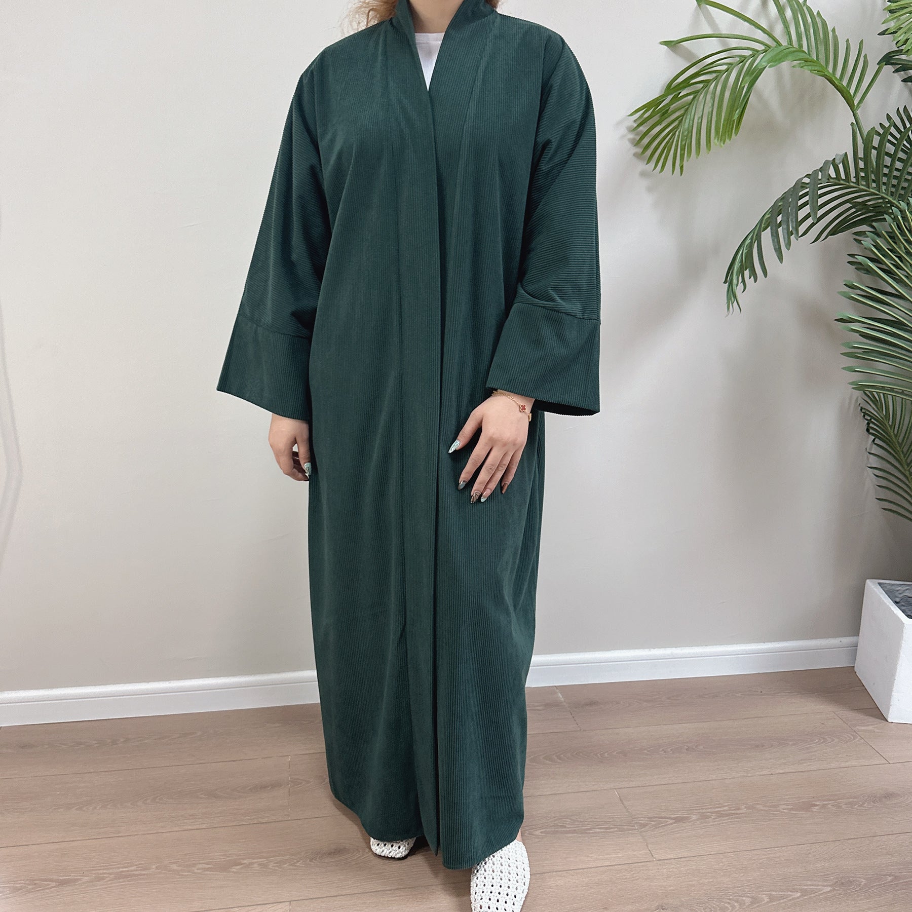 1918#Autumn Winter Cardigan Thick Dress Arab Dubai Modest Solid Color Corduroy Muslim Women Abaya