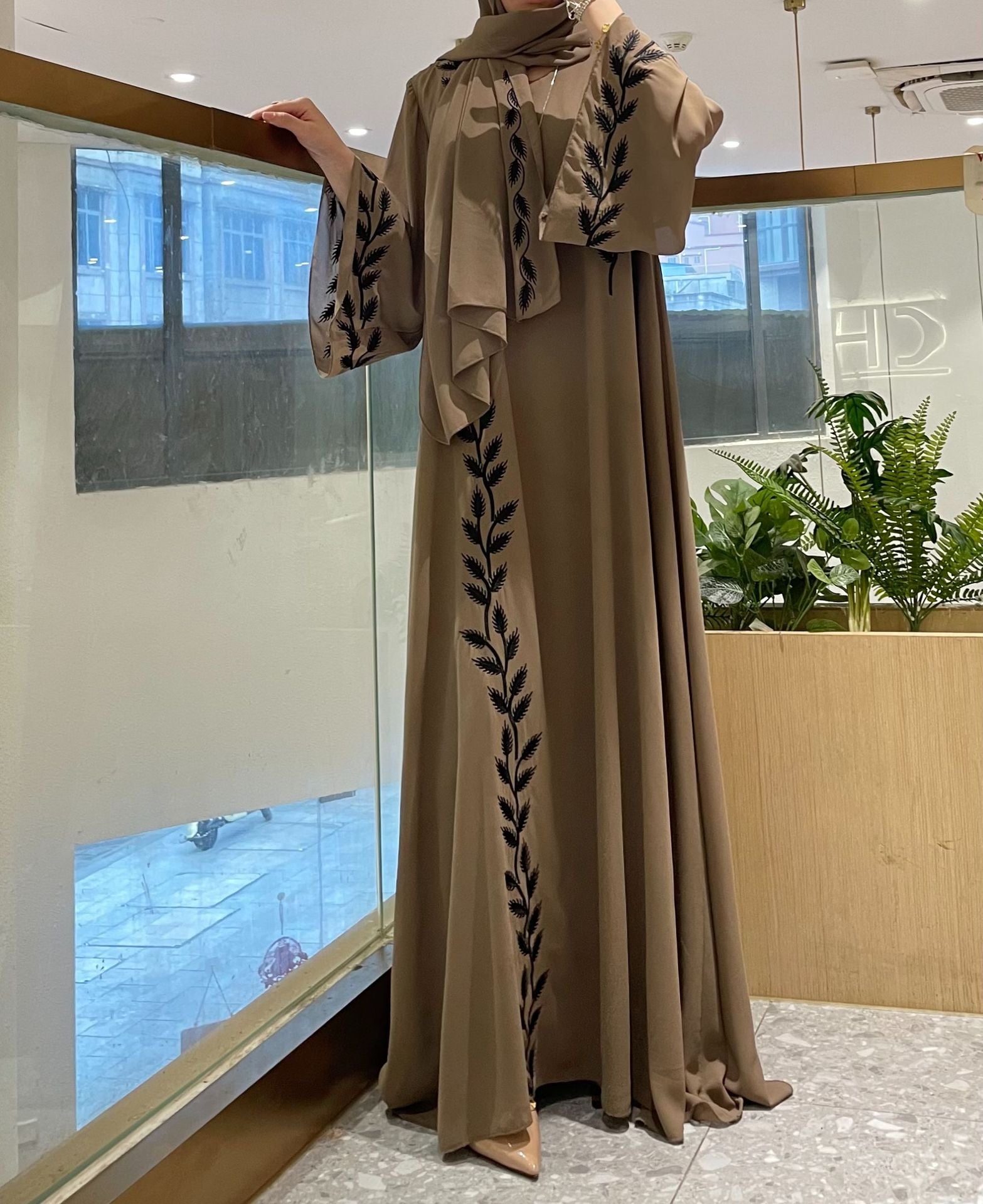 1007#2024 New Fashion Embrodery Chiffon Long Maxi Dress Abaya with Scarf