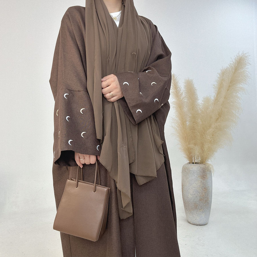 1664#New Arrival EID Linen Islamic Clothing Musulmane Moon Embroidery Women Kimono Cardigan Abaya