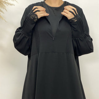 1693#Pleated Front Zipper Crew Neck Dress 9 Colors Muslim Dress