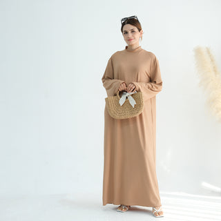 1905#High Neck Simple Daily Wear Plain Modest Abaya Women Muslim Dress Long Sleeve Slip Dress