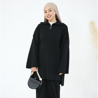 1929#Half Zipper Drop Shoulder Sweater Knit Muslim Women Two Pieces Set Oversized Tops Casual Fall Skirt Abaya Set