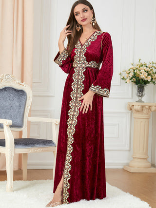 3258#Women's Long Dress Velvet Tape Trim V-Neck Belted Kaftan Abaya