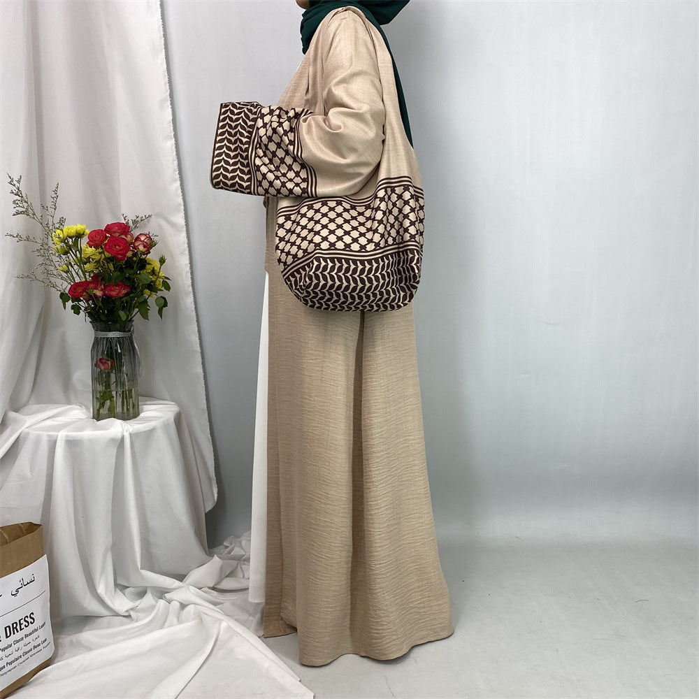 1452#Hot Seller Palestine-Inspired Printed Soft Linen Keffiyeh Open Abaya Wholesale With Crossbody Bag