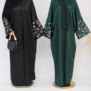 1827#Modest Dresses Black Satin Embroidery Abaya Islamic Clothing Front Open Abaya