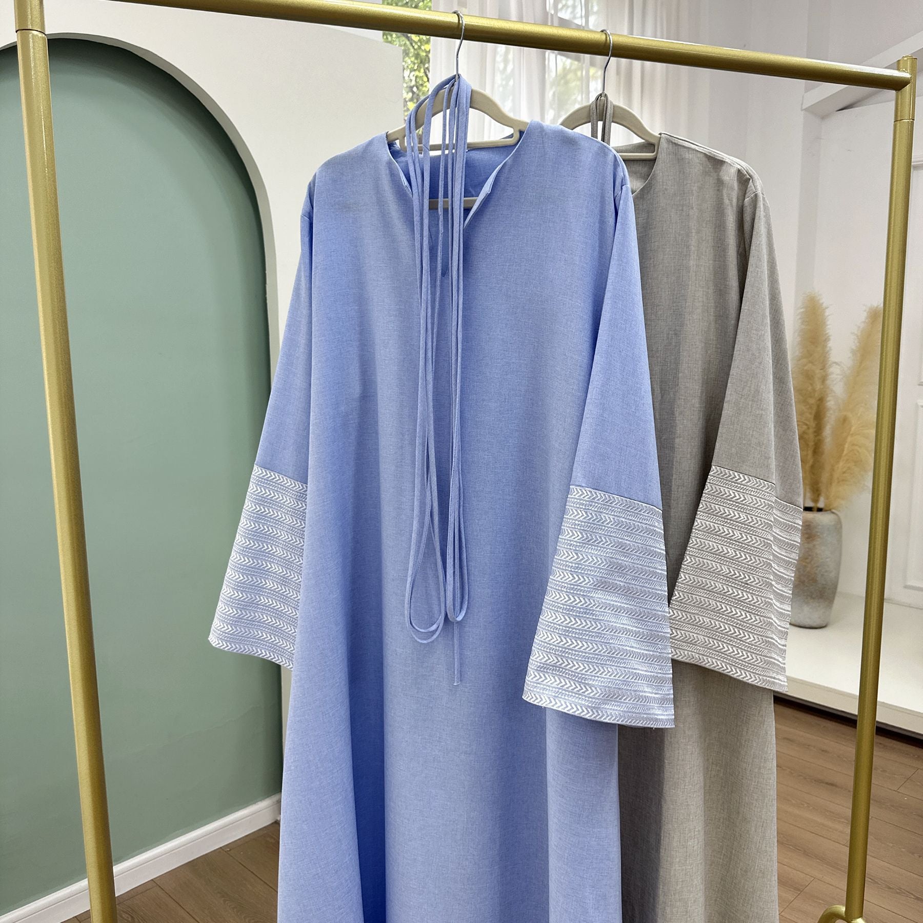 Daily Wear Linen Modest Dresses V Neck Embroidery Sleeves Abaya Women Muslim Dress
