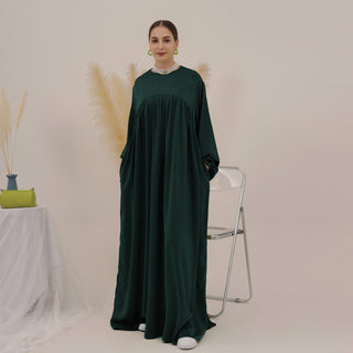 1592#High Quality Muslim Dress Puff Sleeve Soft Satin Plain Abaya