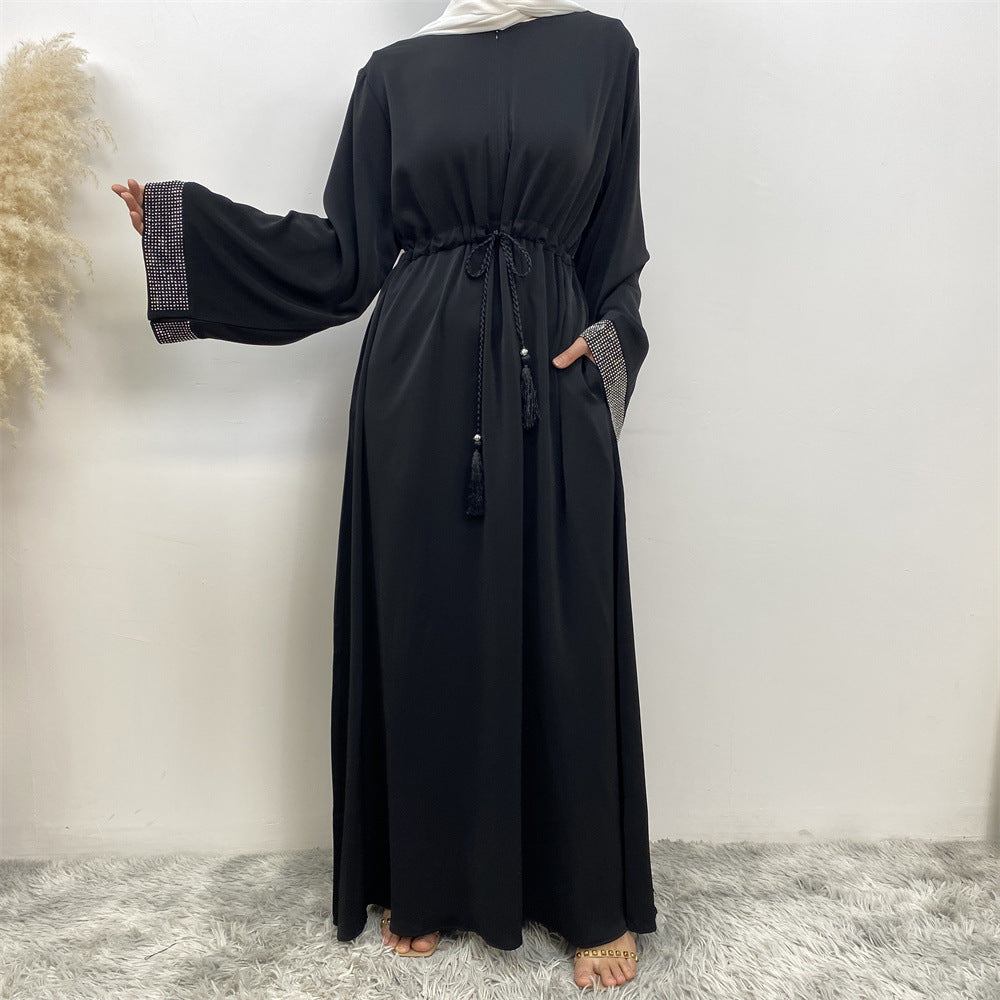 6758# Front zipper closed abaya dress loose cuff with rhinestone maxi dresses