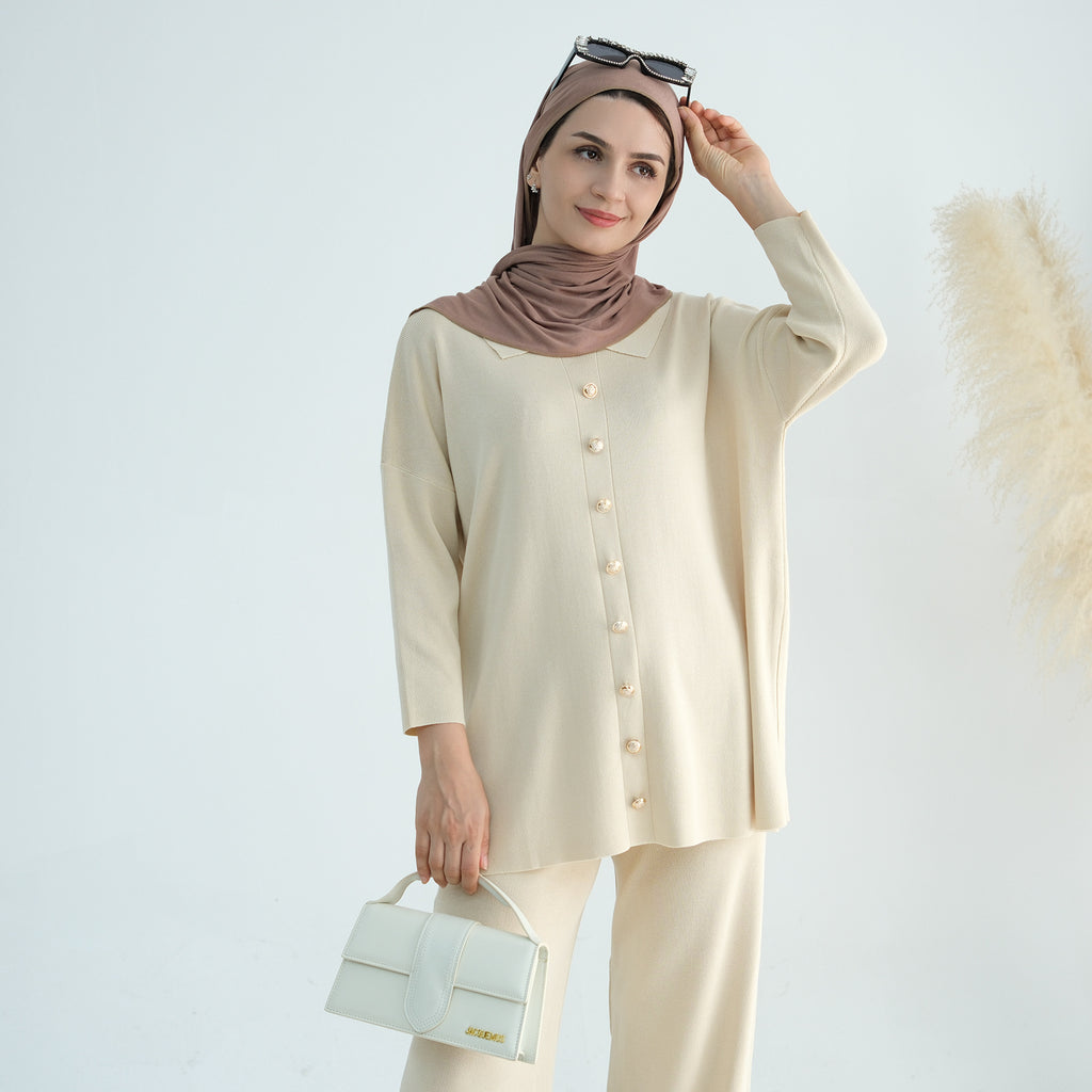 1869#Button Detailed Knit Sweater Pants Set Free Size Modest Two Pieces Women Casual Wear Fall Abaya Suit