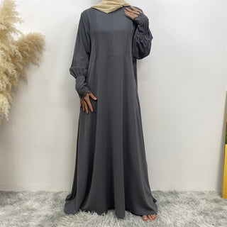 1693#Pleated Front Zipper Crew Neck Dress 9 Colors Muslim Dress